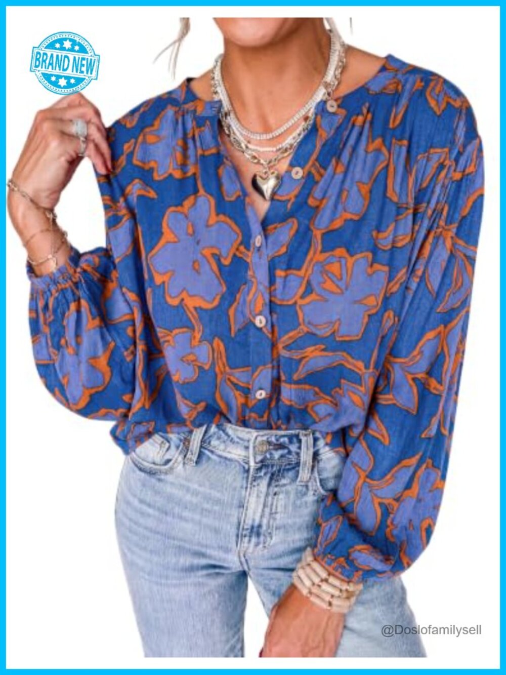Women's Boho Floral Button Down Blouse with Balloon Sleeves